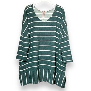 Honeyme Curvy Plush Knit Top 2X green white stripe tunic boxy casual boho long